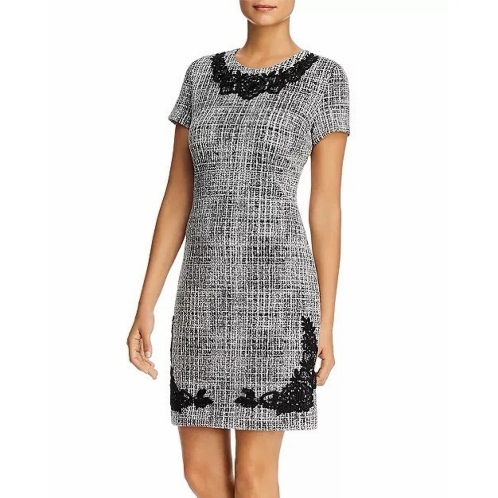 Karl Lagerfeld Paris Womens 6 Black White Tweed Sheath Dress Lace‎ Trim Classic